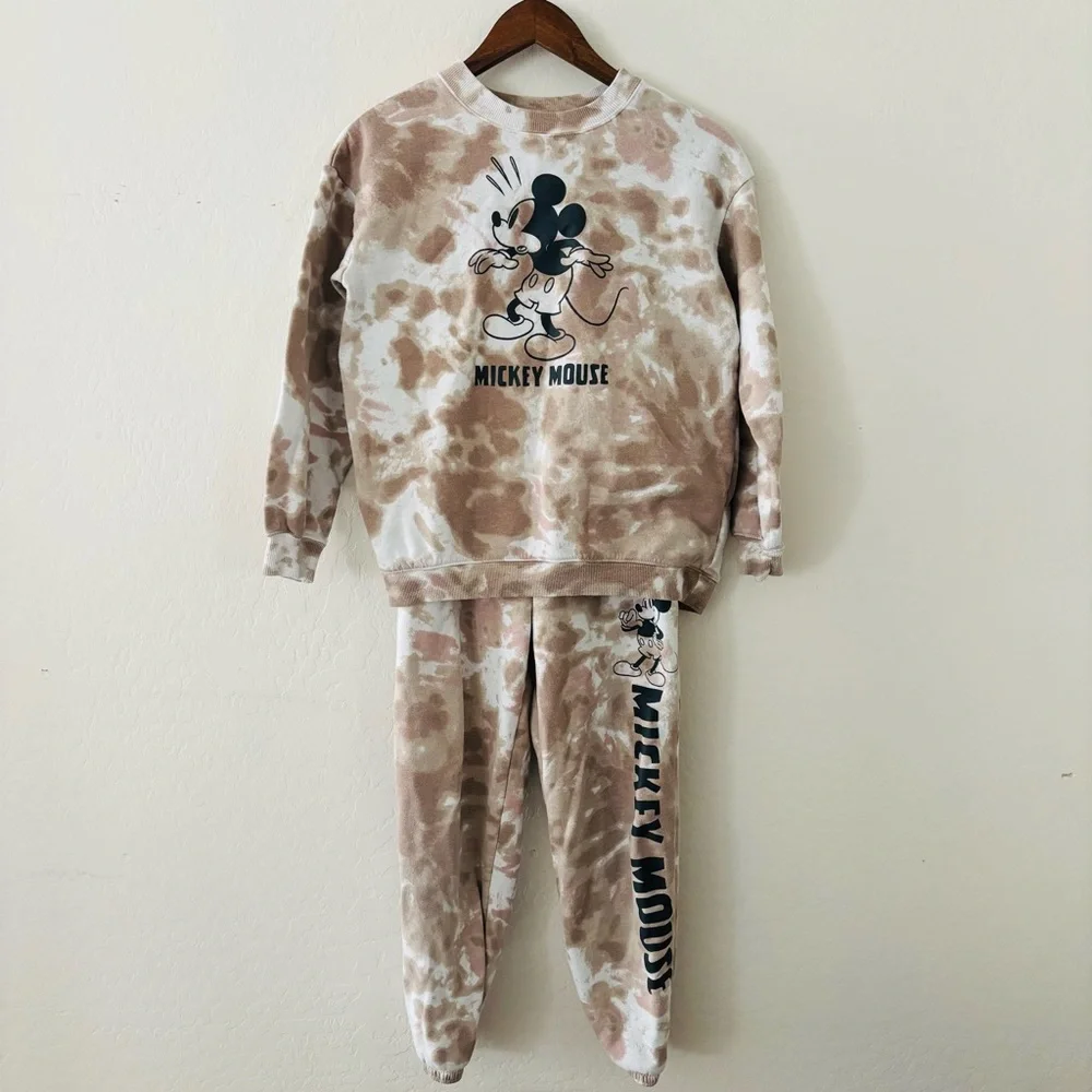 Mickey Mouse Kids Tie-Dye Sweatshirt and Pants Set Tan White Size 12 /‎ 14